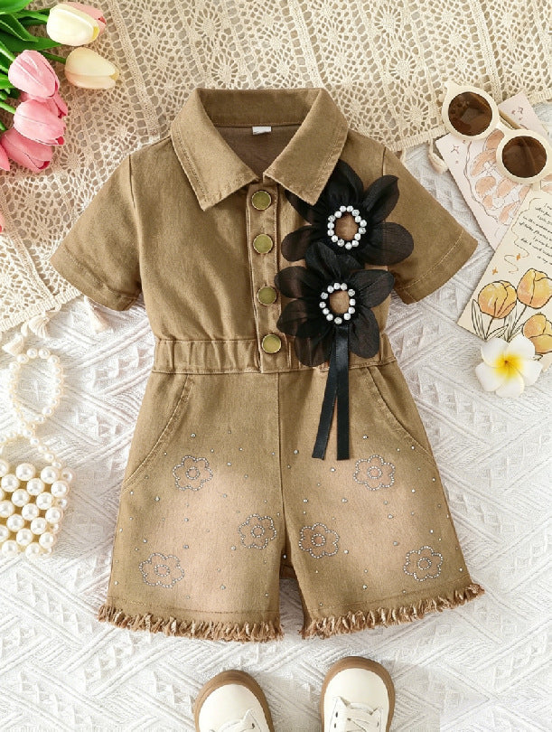 Lapel Waist Tight Pearl Flower Decoration Jumpsuit, Climbing Suit