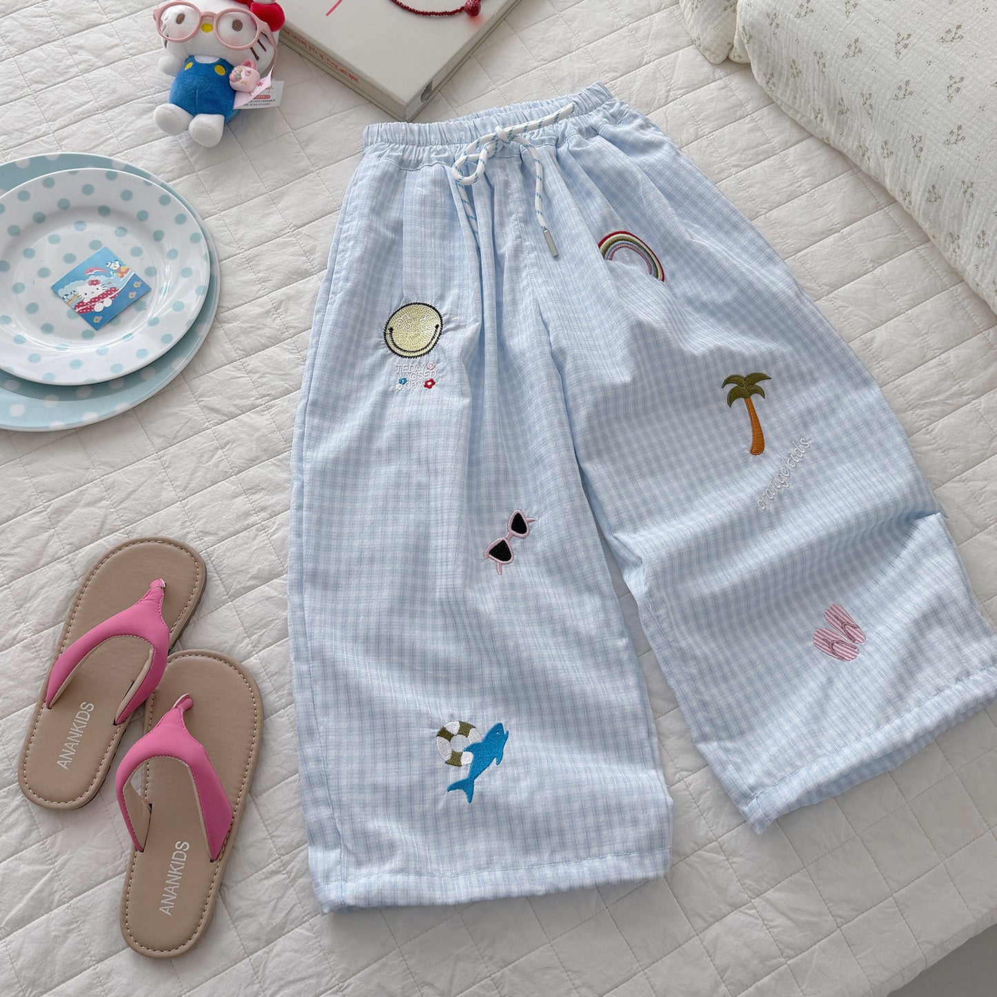 Children's Summer Plaid Casual Beach Style Embroidered Loose Anti Children's Pants
