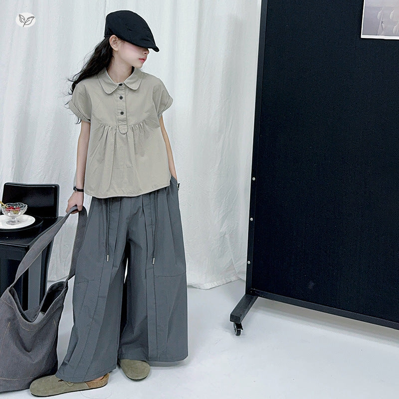 Cotton Summer The Big Doll Collar T-shirt Wide Leg Pants Children's Suit