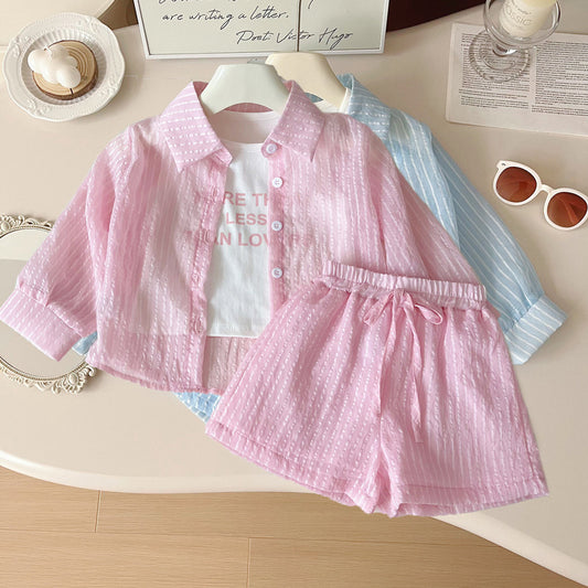 Stripes Long Sleeve Sunscreen Coat Shorts Three-piece Children's Suit