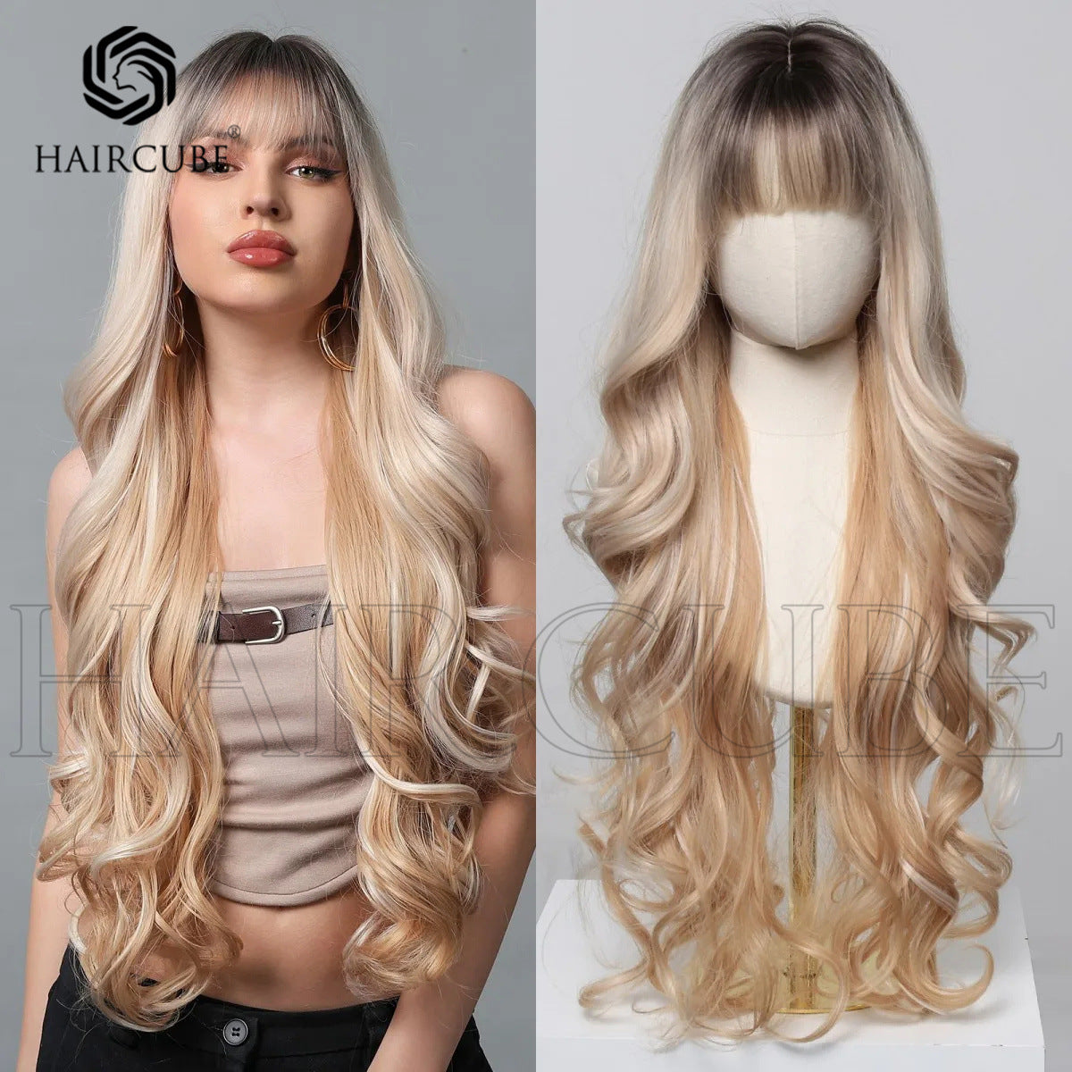 Dark Brown White Gold Color Highlight Wig Long Curls
