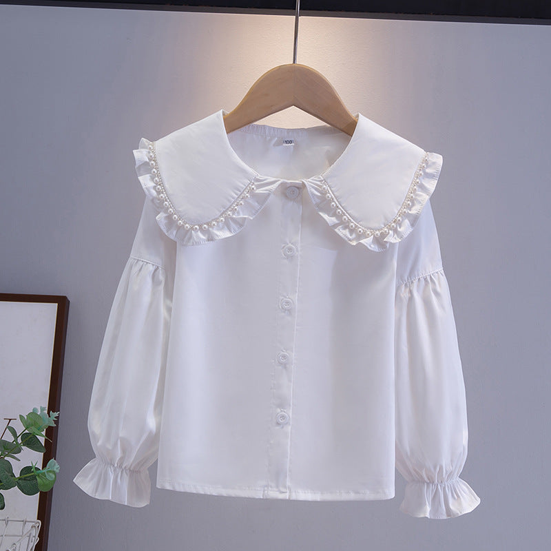 White Long Sleeve Cotton Versatile Medium Large College Children's Shirt