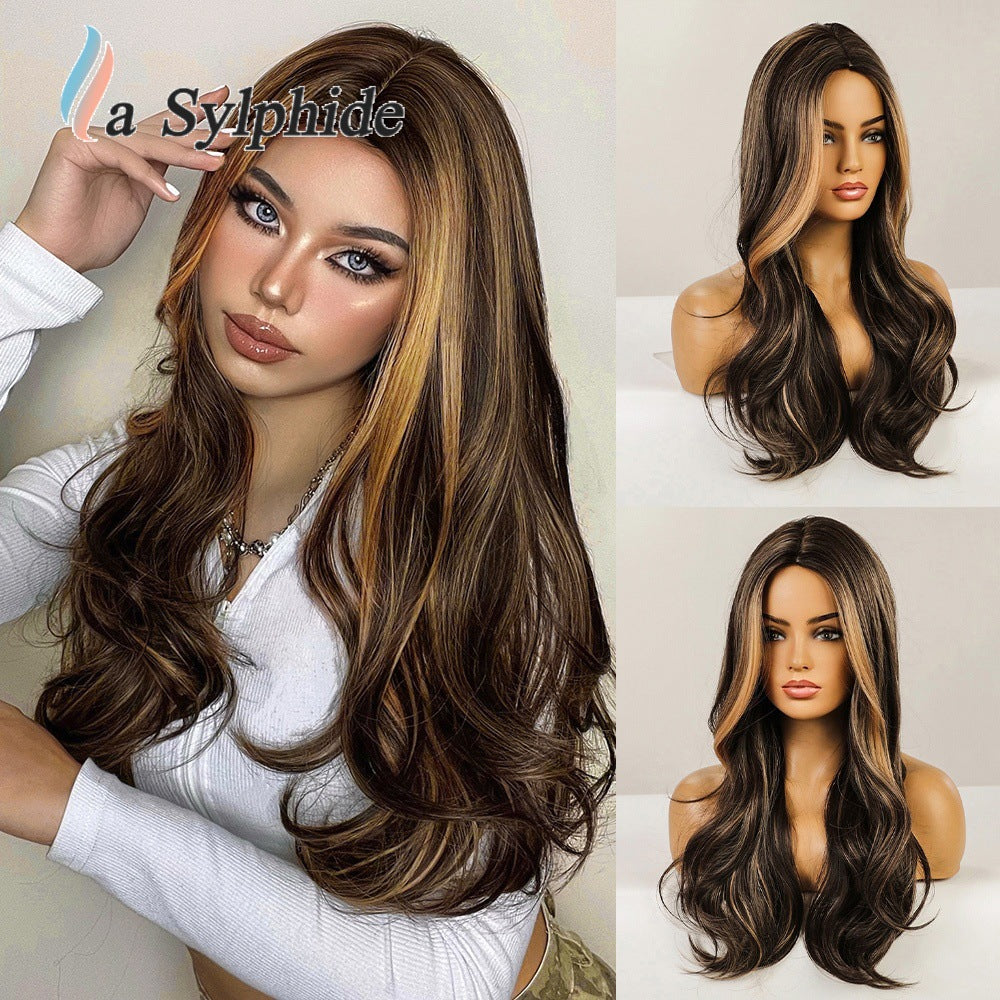 Brown Gradient Hair Fiber Mechanism Medium Curly Tie Up Bun Wig Long Curls