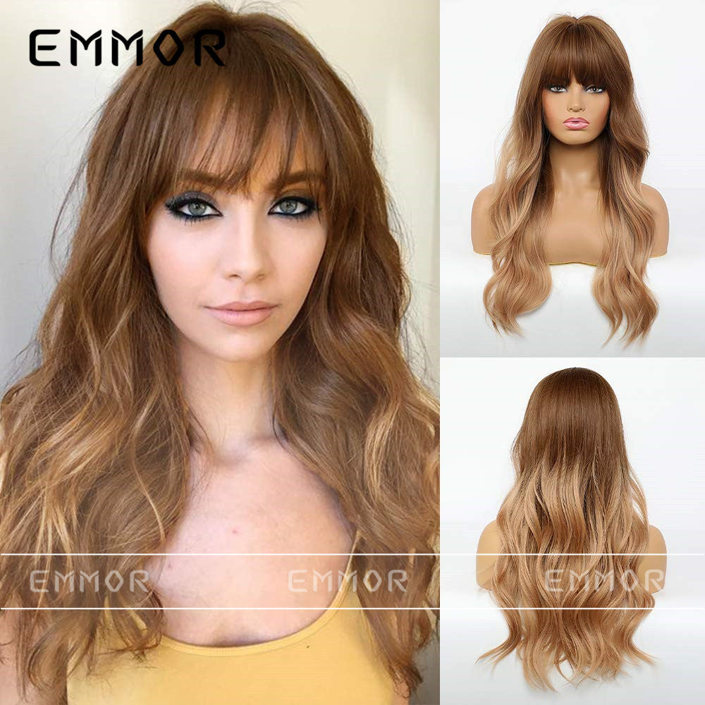 Women's Fiber Hair Fringe Gray Brown Curly Head Cover Long Straight Wig