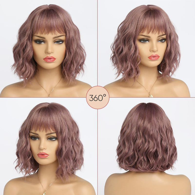 Women's Wavy White Bob Bangs Soft Synthetic Wig Short Curly Hair