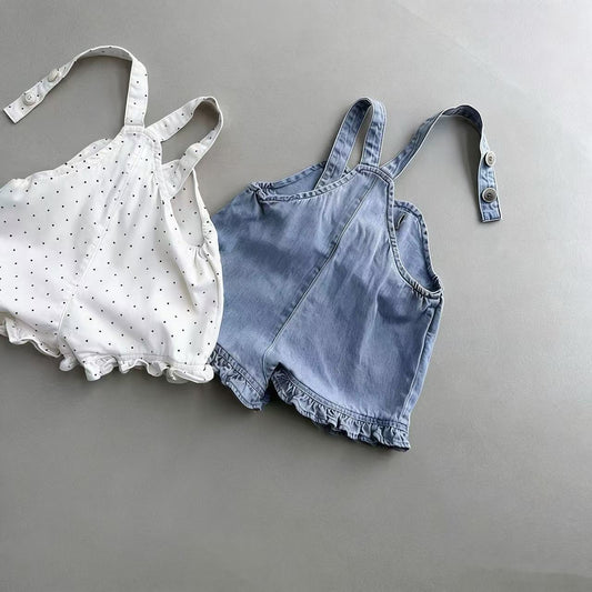 Korean Style Pleated Lace Denim Suspender One-piece Children's Pants
