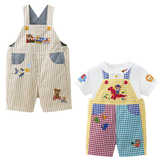 Children's Summer Cartoon Train Dinosaur Bear Embroidery Plaid Striped Children's Pants