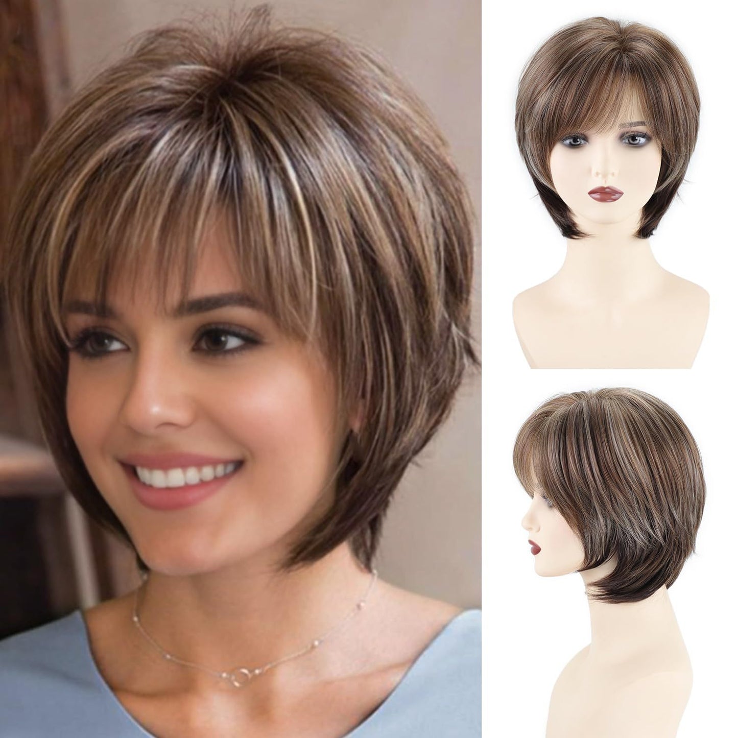 Women's Brown Mixed Color Fashion Synthetic Wigs Wig Short Straight Hair