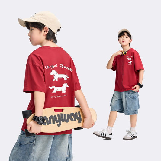 Children's Clothing Red Short-sleeved Summer Older Boys Clothes Class Pure Children's T-shirt