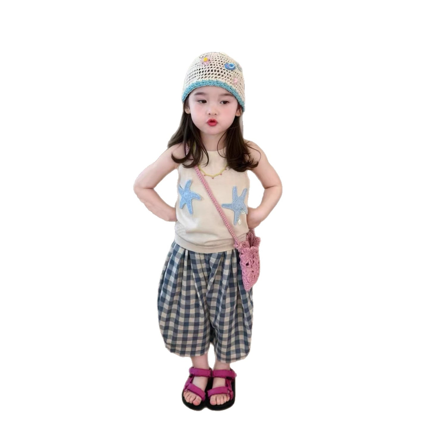 Children's Sleeveless Vest Plaid Capri Pants Two-piece Children's Suit