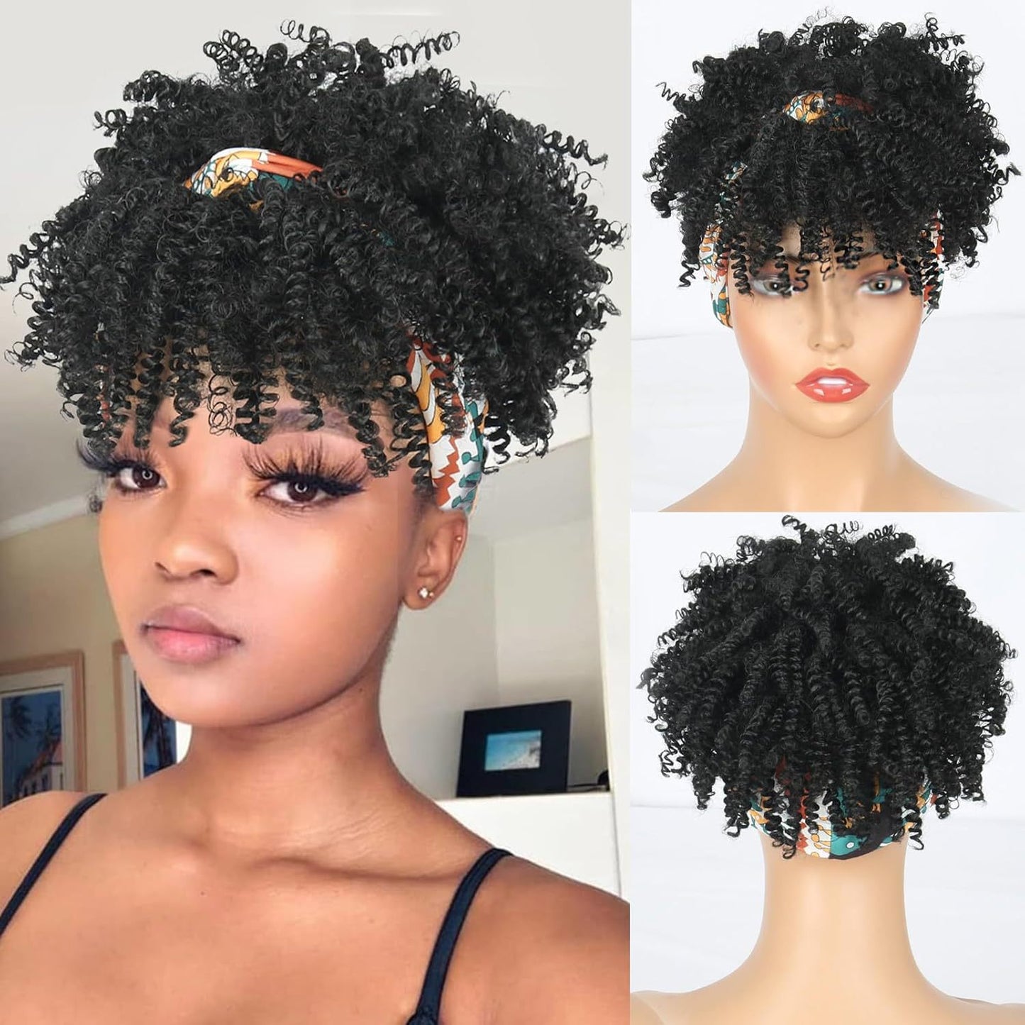 Small Turban Female Headband Bangs Fluffy Wig Short Curly Hair