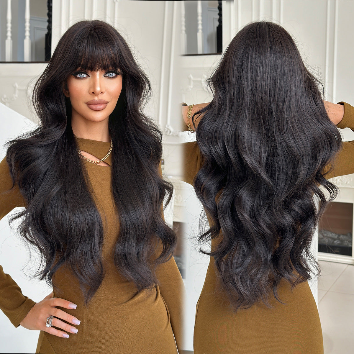Black Tea Brown Straight Bangs Curly Wig Long Curls