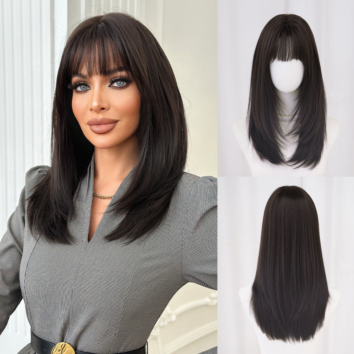 Female Mid-length Long Chest Dark Brown Layers Air Wig Short Straight Hair