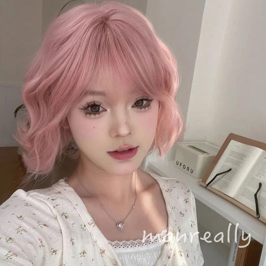 Christmas Female First Love Pink Fluffy Cute Sweet Whole Top Wig Short Curly Hair