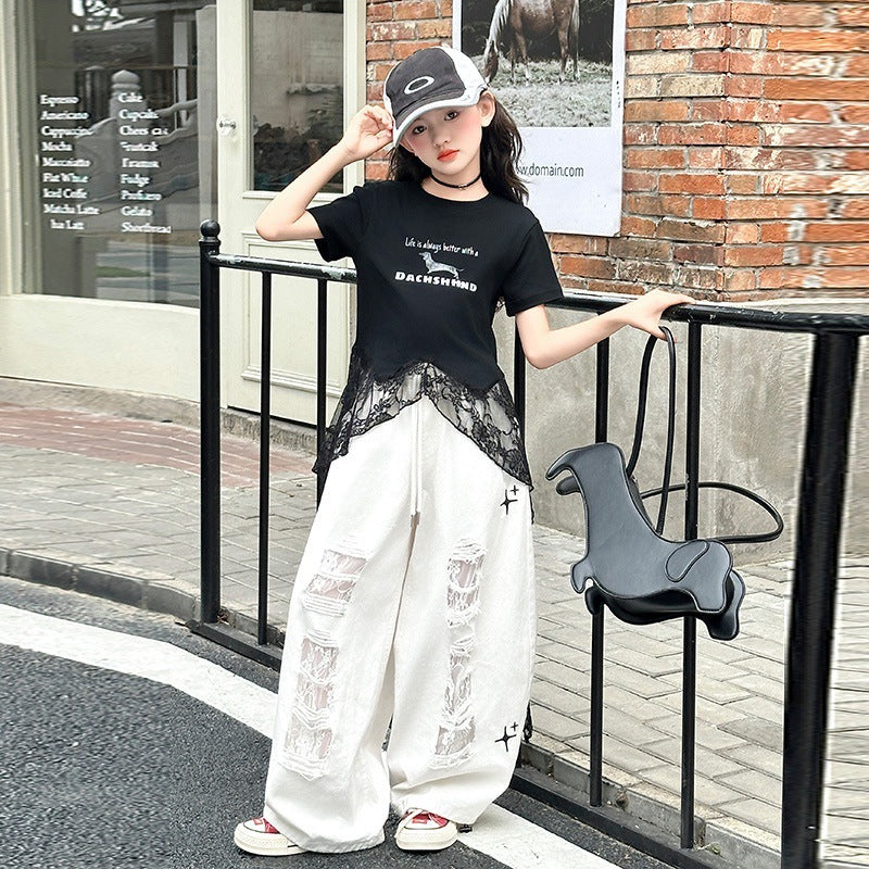 Jazz Dance Costume Summer Middle Big Lace Strap T-shirt Children's Suit