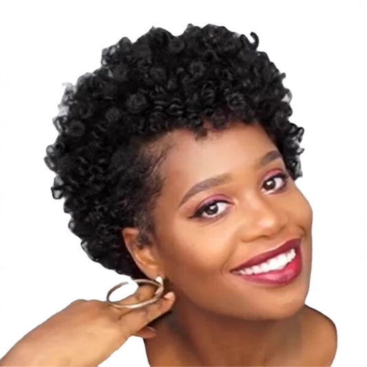Women's Offer Fashion Middle African Small Volume Natural Black Afro Fiber Wig Short Curly Hair