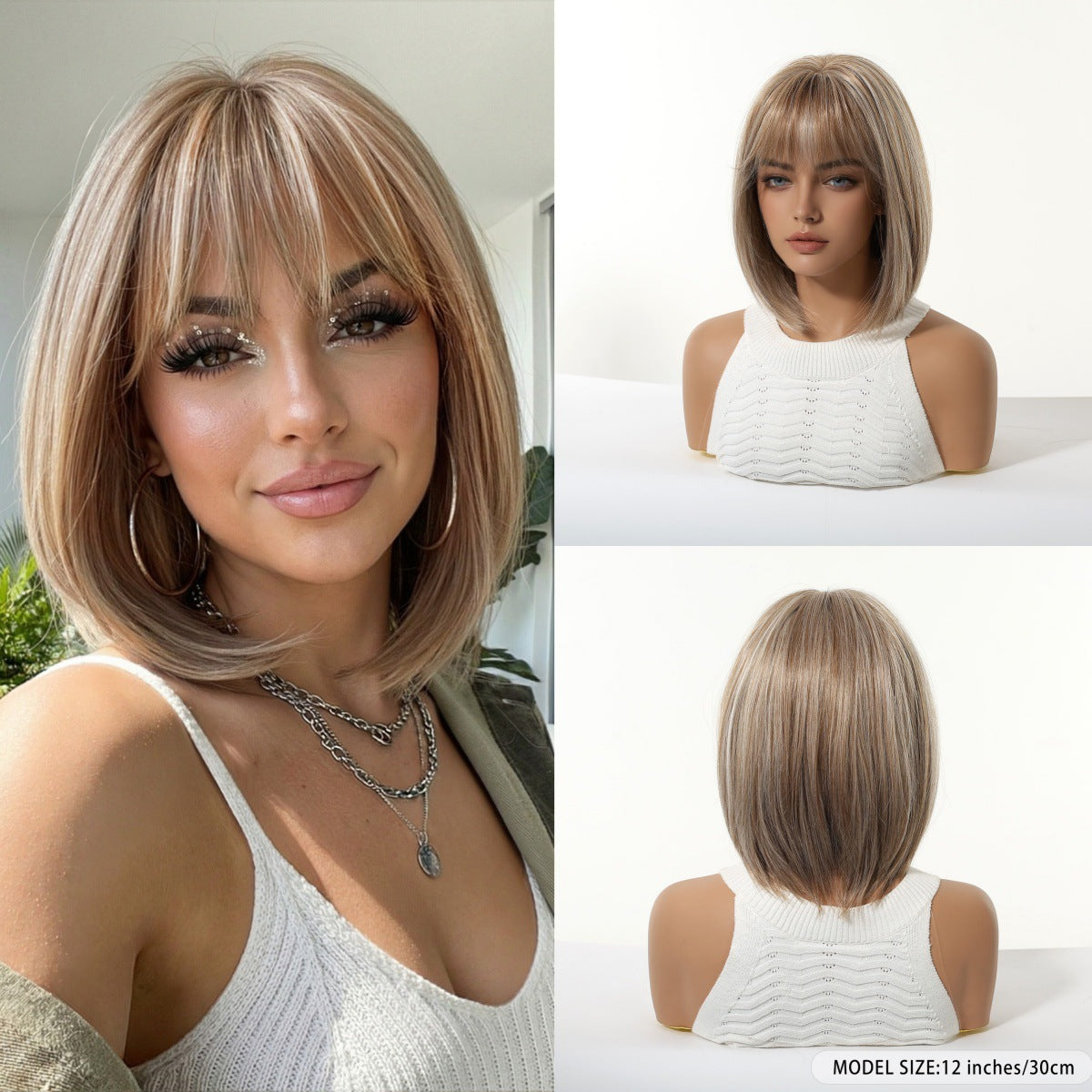 Gradient Brown Highlights Air Bangs Natural Realistic Chemical Fiber Full Wig Short Straight Hair
