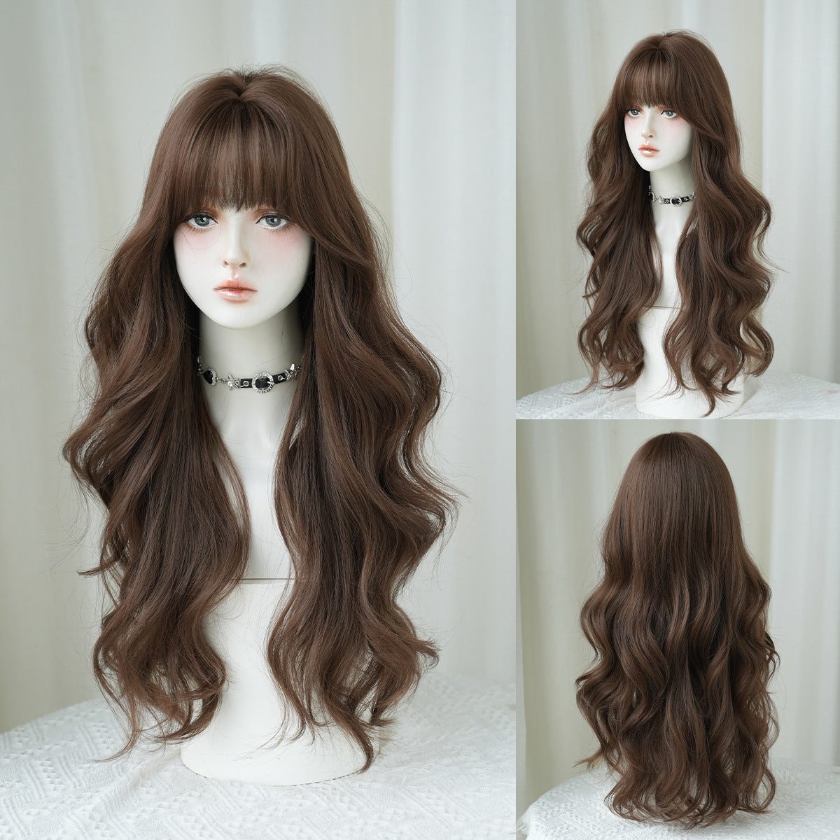 Female Big Wave Curly Hair Straight Bangs Fluffy Whole Top Wig Long Curls