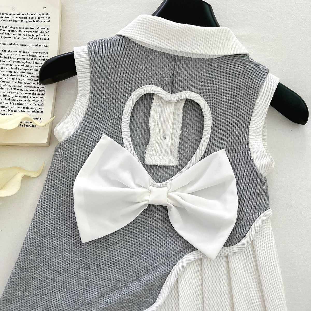 Fashionable Trendy Preppy Style Cartoon Bear Collar Stitching Children's Dress