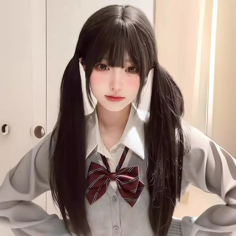 Women's Style Little Radish Sweet Daily Double Ponytail Black Straight Bangs Other Wig