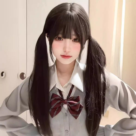 Women's Style Little Radish Sweet Daily Double Ponytail Black Straight Bangs Other Wig