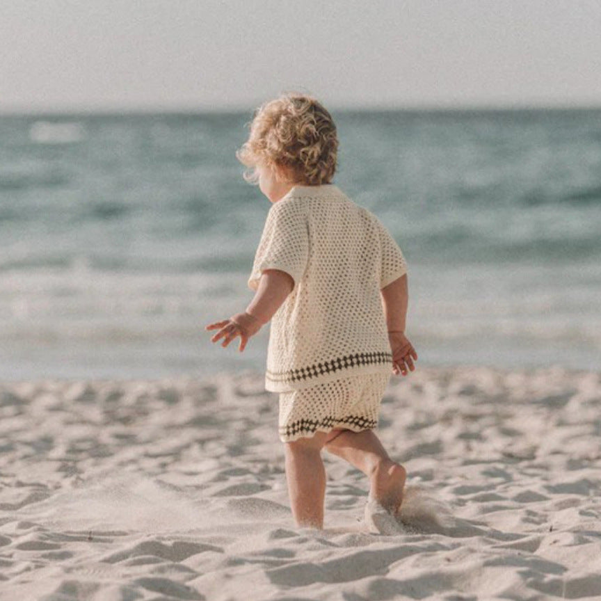 Summer Hollow Lapel Knitted Crocheted Sweater Cardigan Shorts Children's Suit