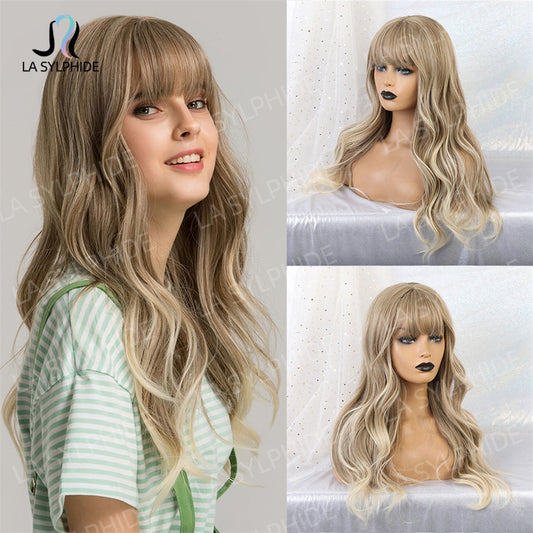 Female Mechanism Synthetic Wigs Golden Gray Bangs Curly Wig Long Curls