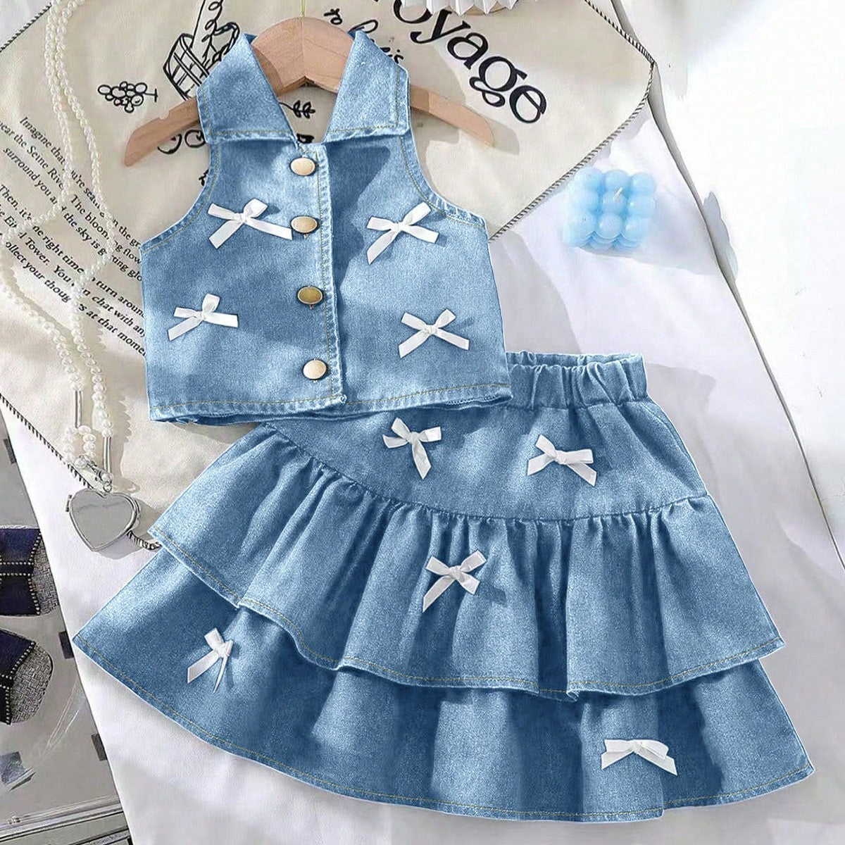 Fashionable Halter Lapel Denim Vest Skirt Children's Suit
