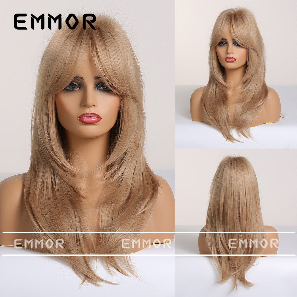 Women's Bangs Gradient Golden Mid-length Hair Curling Wig Long Curls