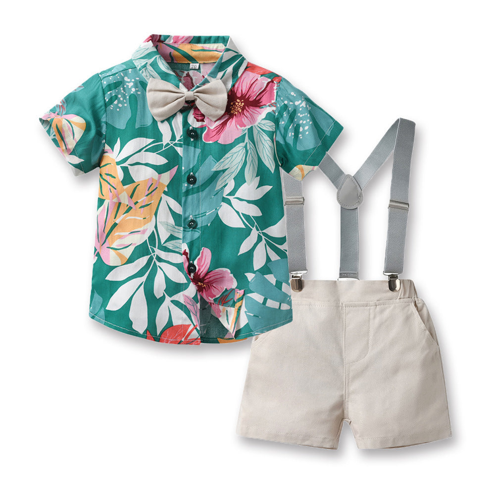 Children's Printed Short-sleeved Cardigan Fashion Strap Shorts Children's Suit