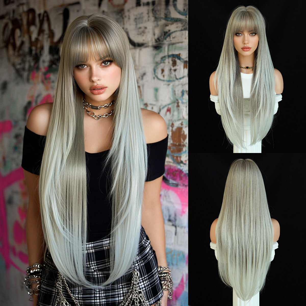 Black Full Top Bangs High Quality Chemical Long Straight Wig