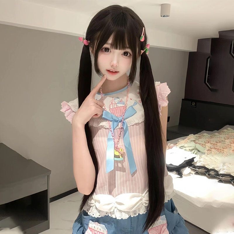 Female Sweet Little Rose Natural Black Gentle With Sideburns Long Straight Wig