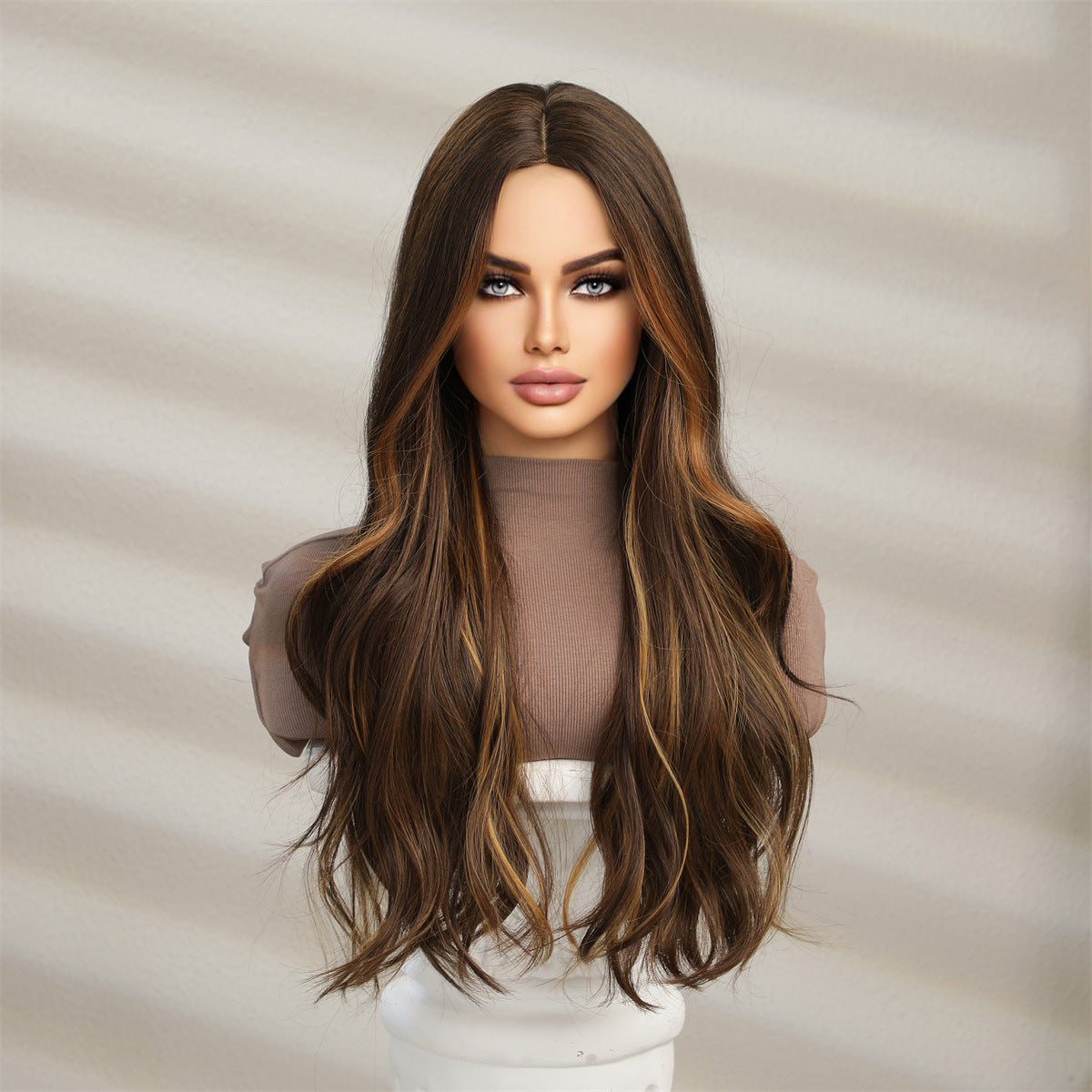 Women's Fashion Hanging Ear Highlight Dark Brown Medium Wig Long Curls
