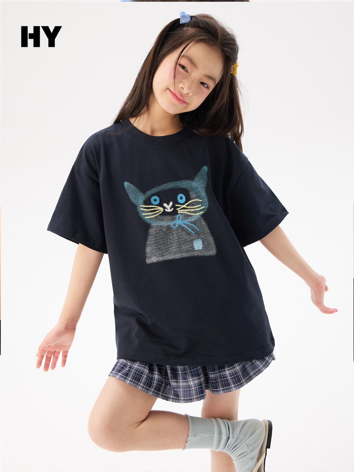 Children's Short-sleeved Summer Clothing Middle Big Cotton Coat Cartoon Kitten Half-sleeved Children's T-shirt