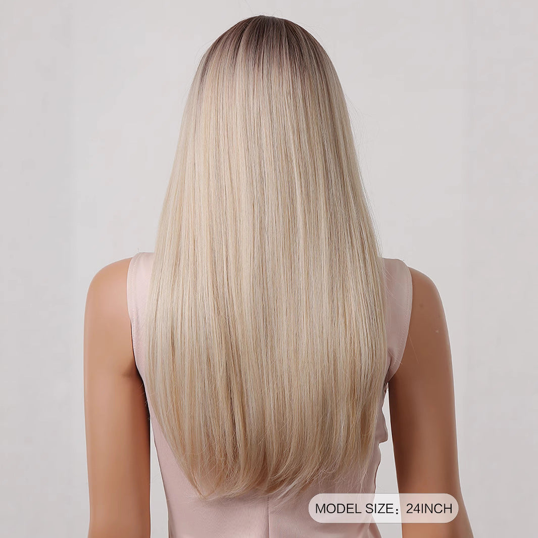 White Gold Color Bangs Hair Natural Realistic Long Straight Wig
