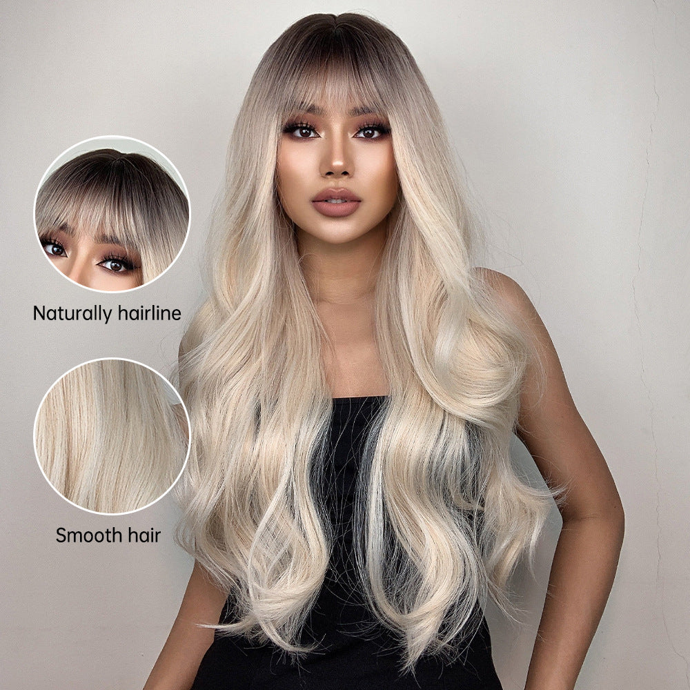Straight Bangs Curly Hair Gradient White Gold Color Mechanism Wig Long Curls