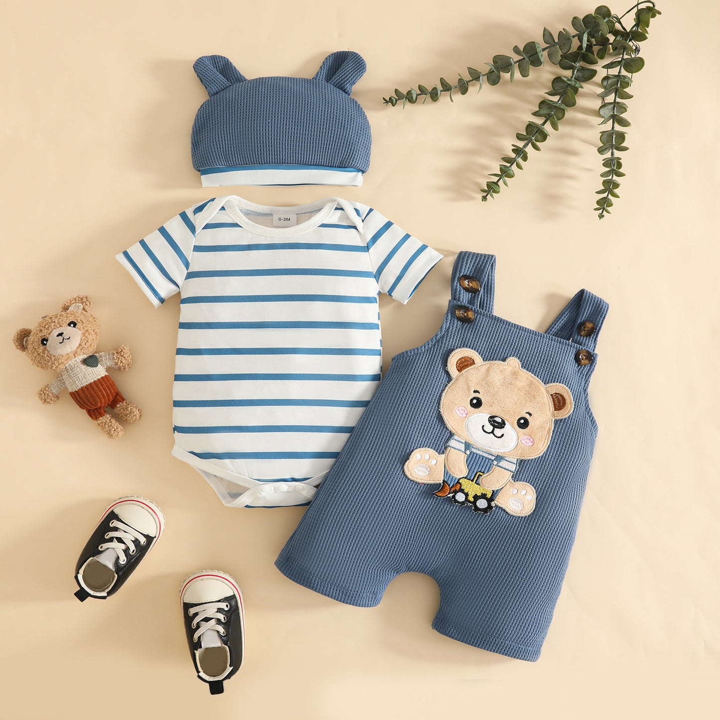 Boy Short Sleeve Striped Animal Pattern Triangle Jumpsuit Waffle Zhang Children's Suit