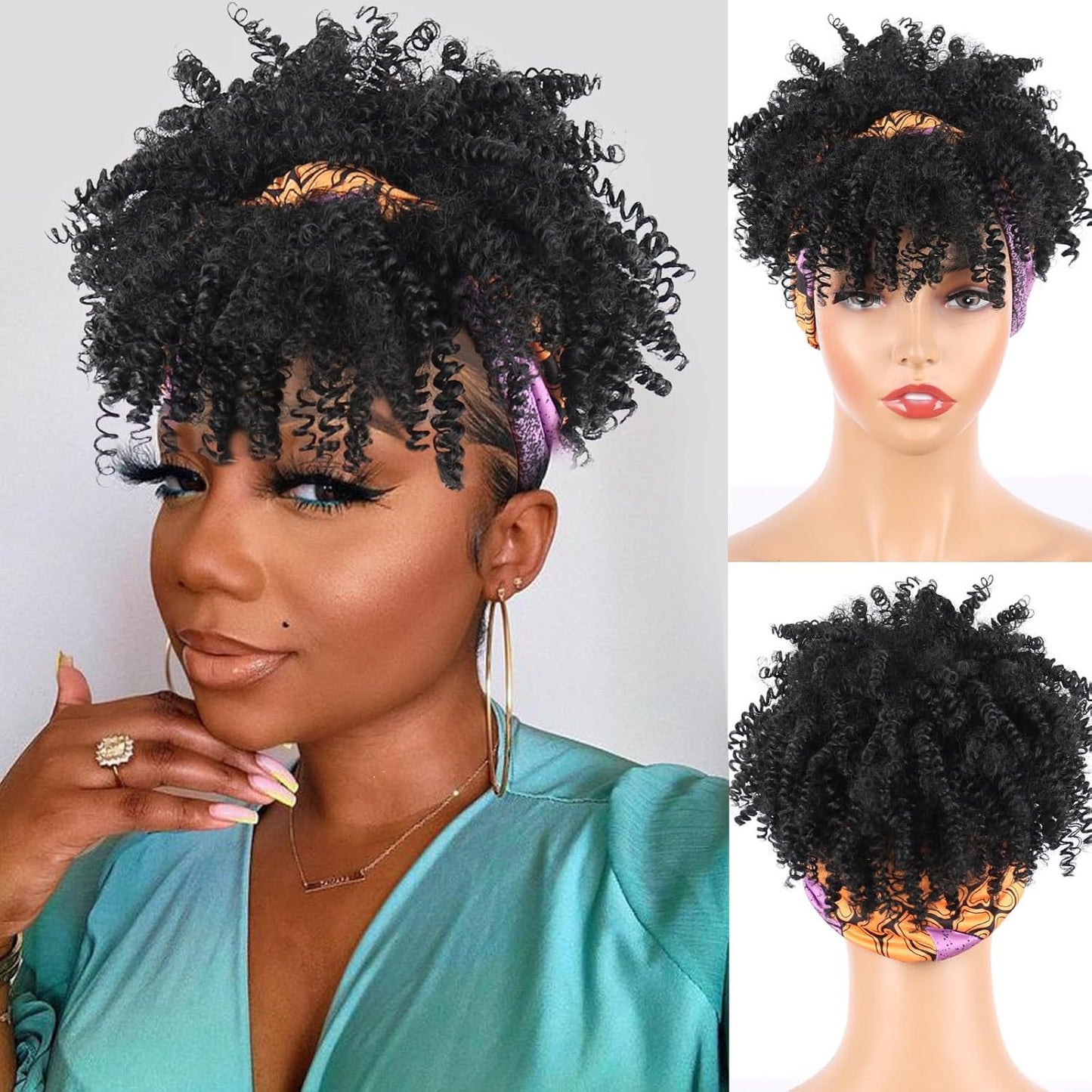 Small Turban Female Headband Bangs Fluffy Wig Short Curly Hair