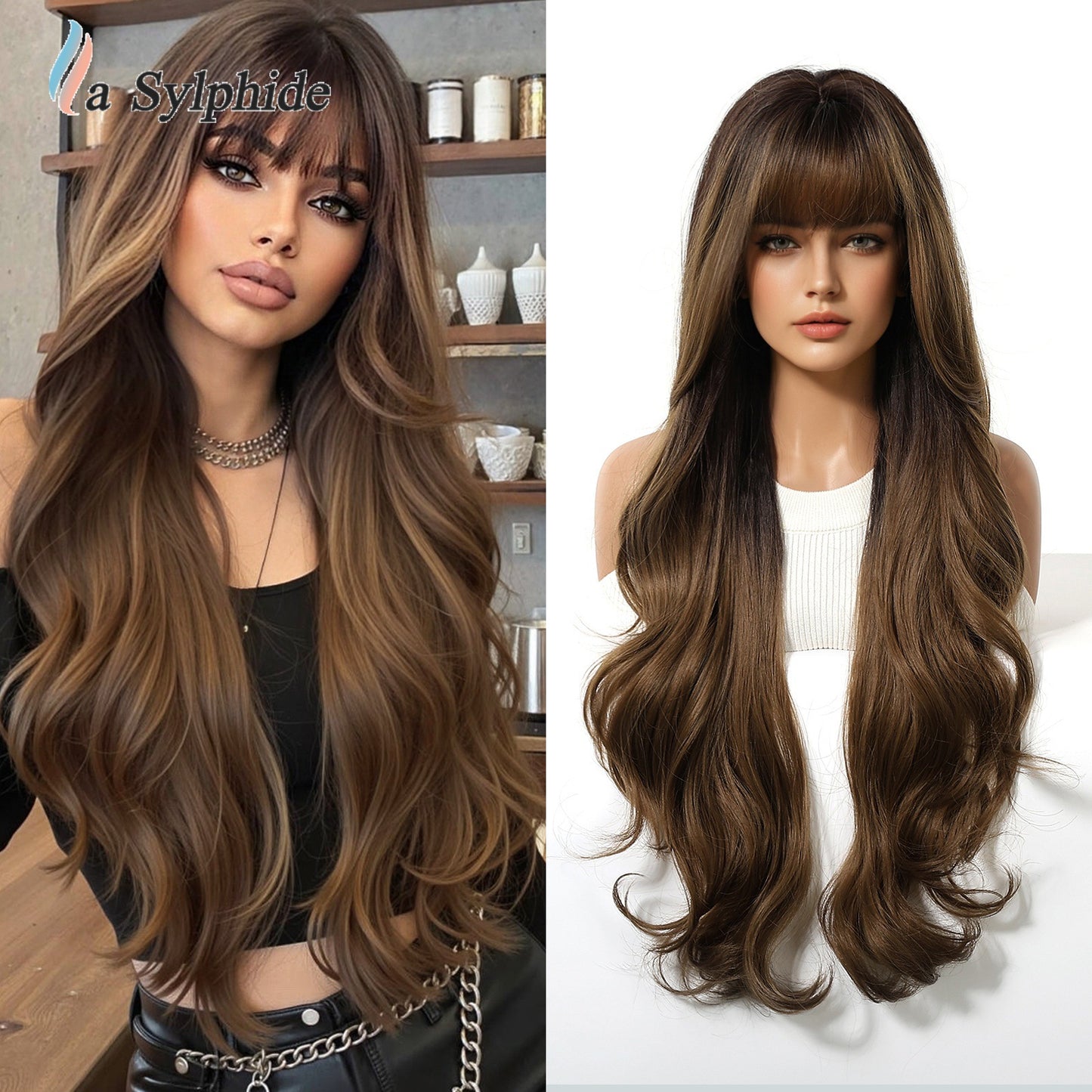 Female Big Wave Roman Curly Bangs Hair White Gold Color Wig Long Curls