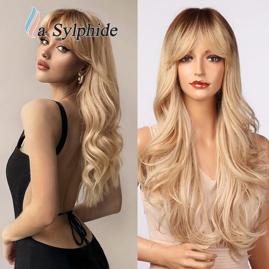 Bangs Female Mechanism Chemical Fiber Golden Long Real Hair Wig