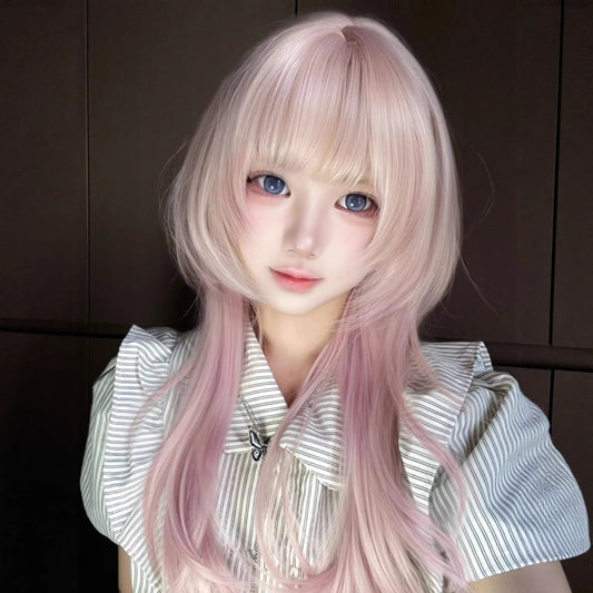 Gradient High Level Straight Bangs Jellyfish Head Full Wig Long Curls