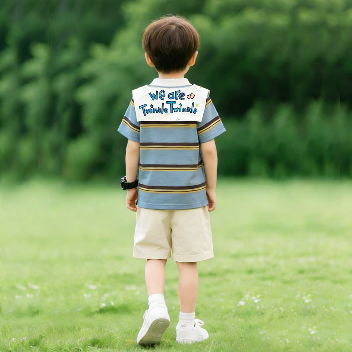 Children's Korean Cartoon Shawl Striped Short-sleeved Shorts Printed Children's Suit