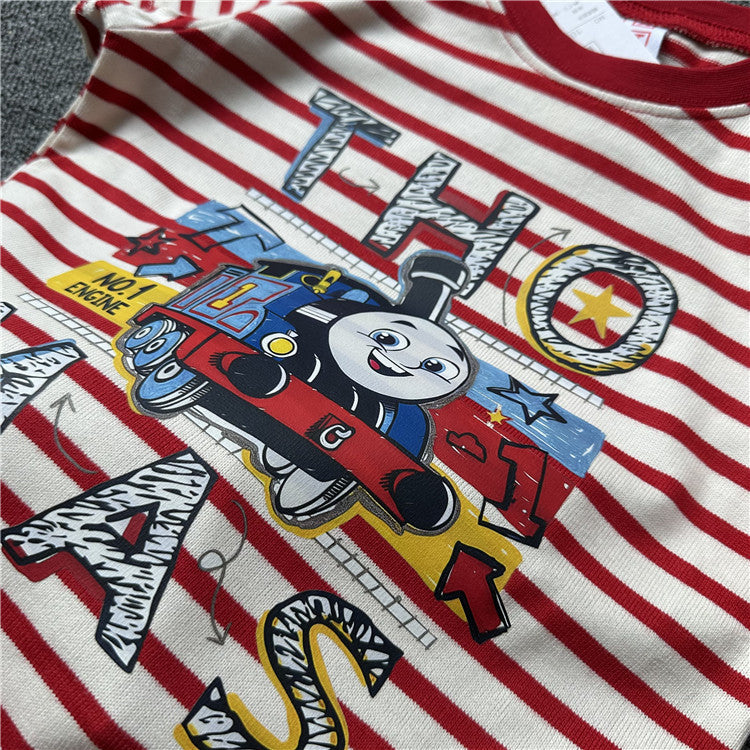 Children's Single Summer Train Friends Striped Pure Cotton Short-sleeved Children's T-shirt