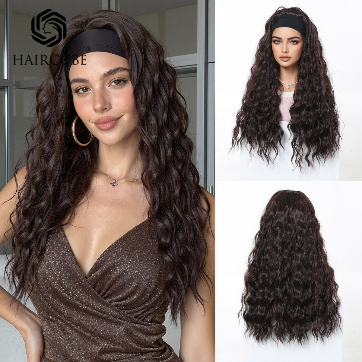 Women's Band Head Cover Small Curly Dark Brown Asian Wig Long Curls