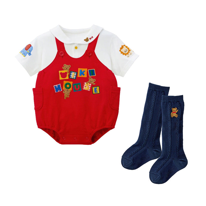 Cartoon Bear Color Letter Embroidery Sailor Collar Short Sleeve Long Children's Shirt