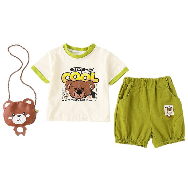 Children's Summer Short Sleeve Clothing Victory Bear Bag Round Neck Children's Suit