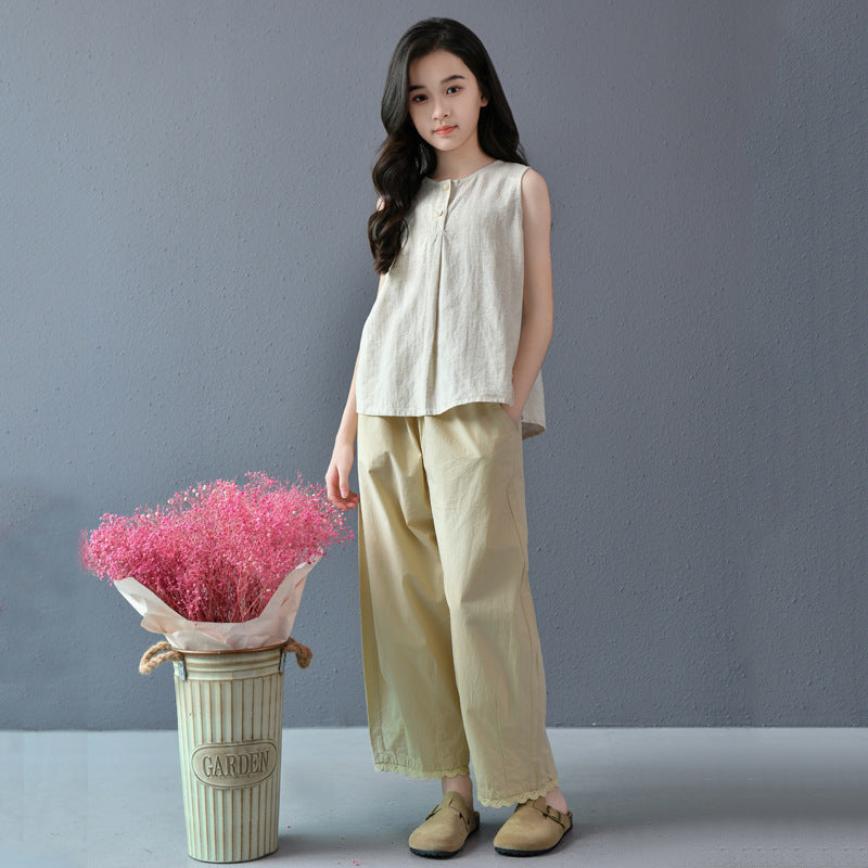Summer Loose Leisure Artistic Retro Casual Cropped Slim Elastic Waist Children's Pants