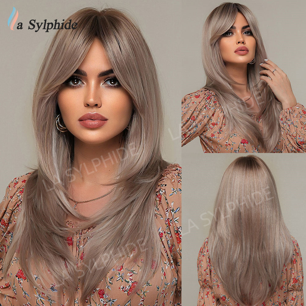 Bangs Mid-length Texture Hair Intellectual Female Mechanism Golden Synthetic Wigs Long Straight Wig