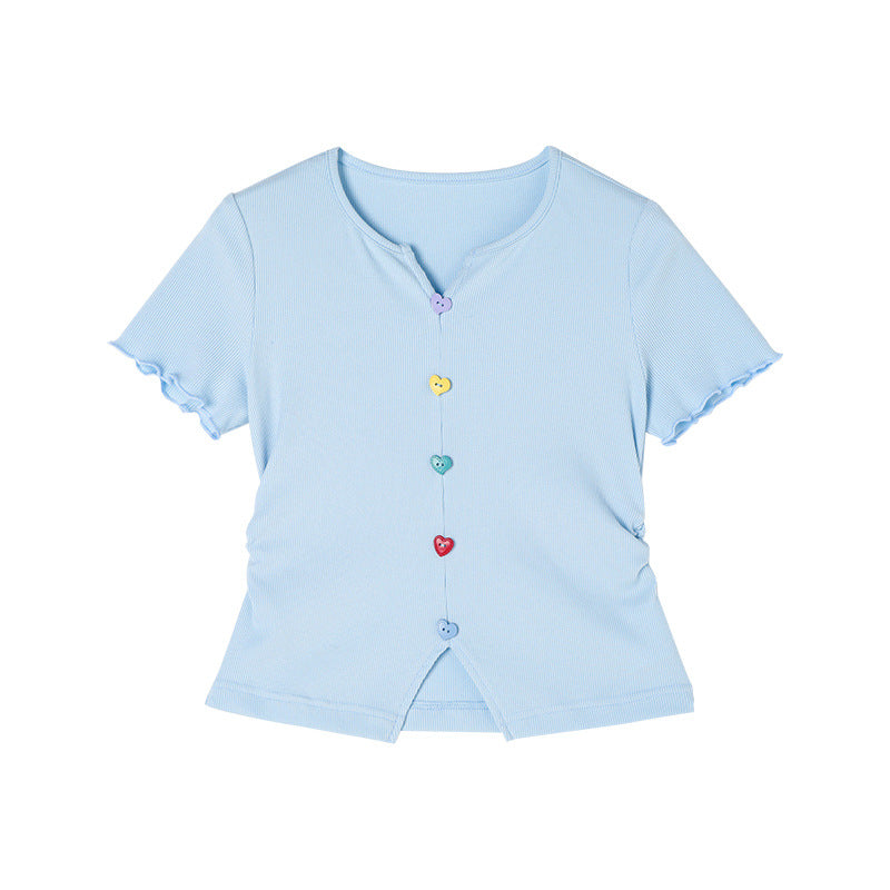 Children's Summer Short-sleeved Ruffle Irregular Cinched Knitted Children's T-shirt