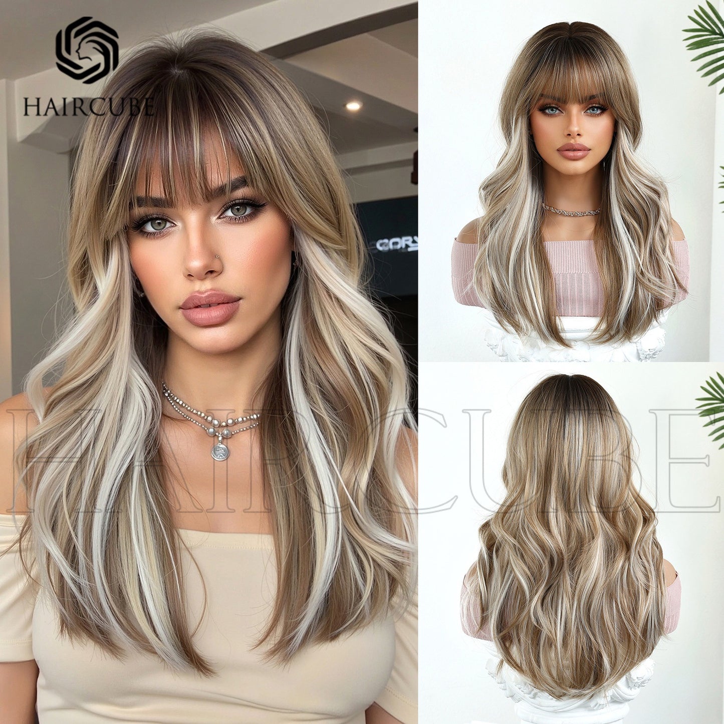 Hair Brown Highlight Fringe Medium Mechanism Synthetic Wigs Wig Long Curls